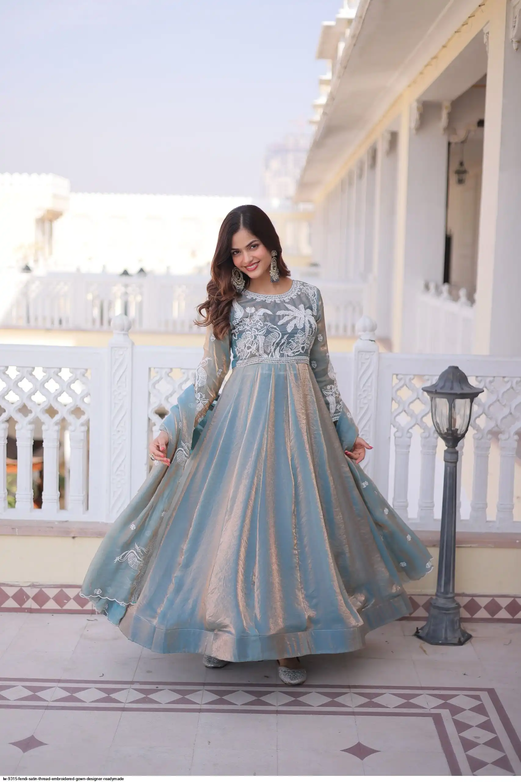 LW-9315 Fendi Satin Thread Embroidered Gown Designer Readymade LW-9315 Fendi Satin Thread Embroidered Gown Designer Readymade