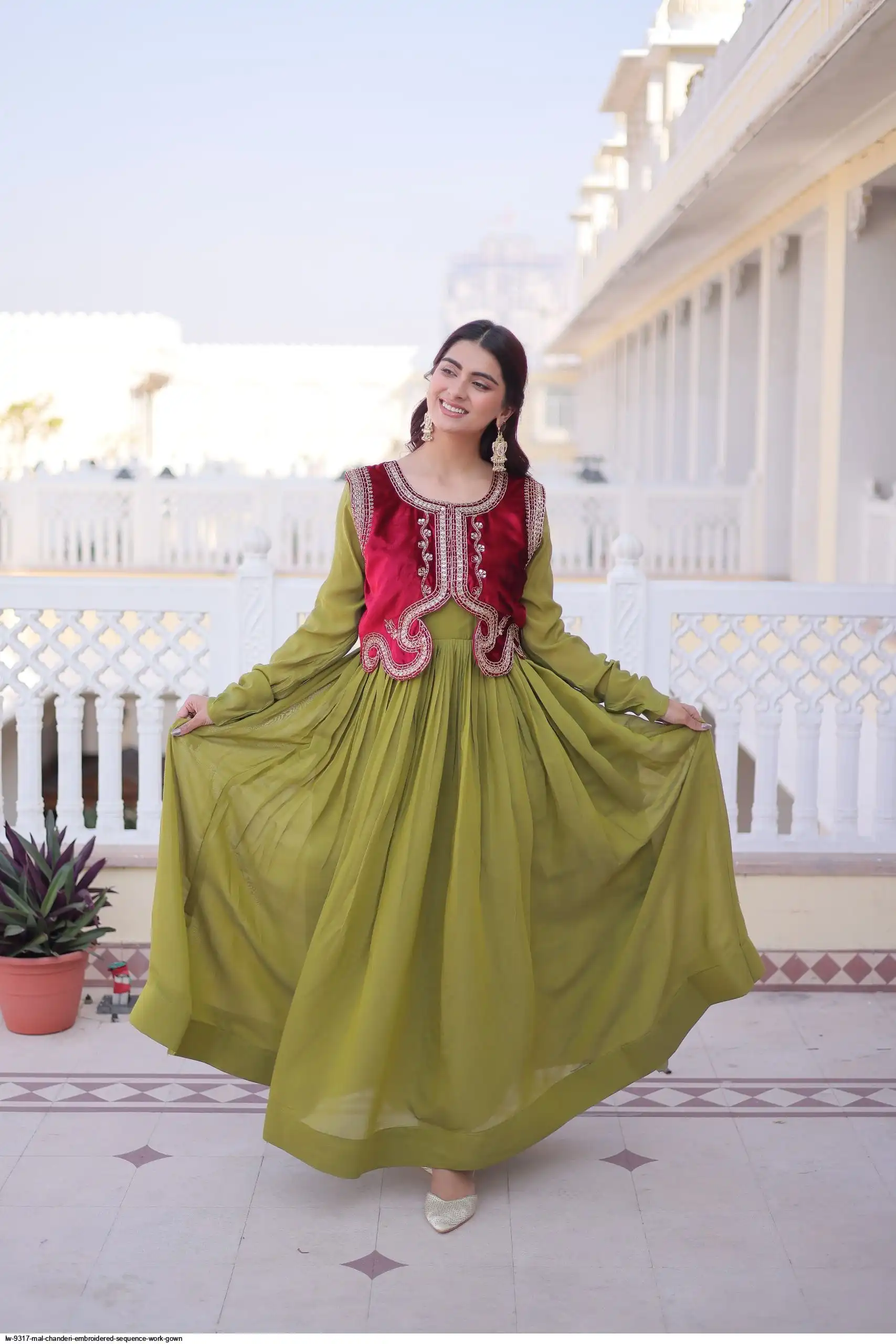 LW 9317 MAL CHANDERI EMBROIDERED SEQUENCE WORK GOWN B