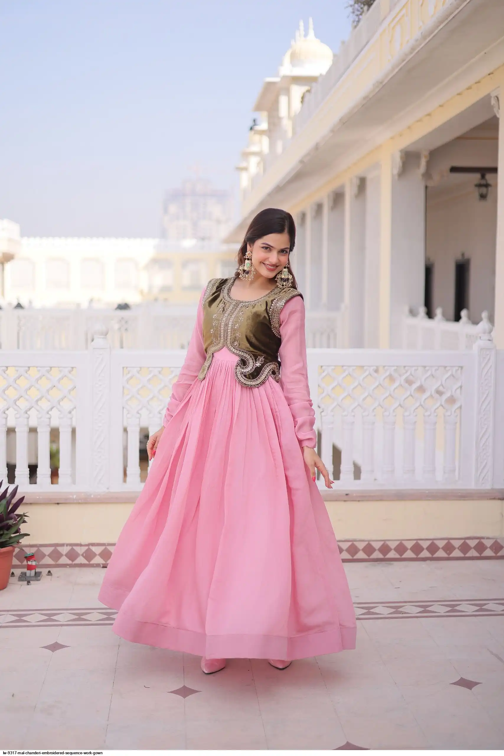 LW 9317 MAL CHANDERI EMBROIDERED SEQUENCE WORK GOWN A
