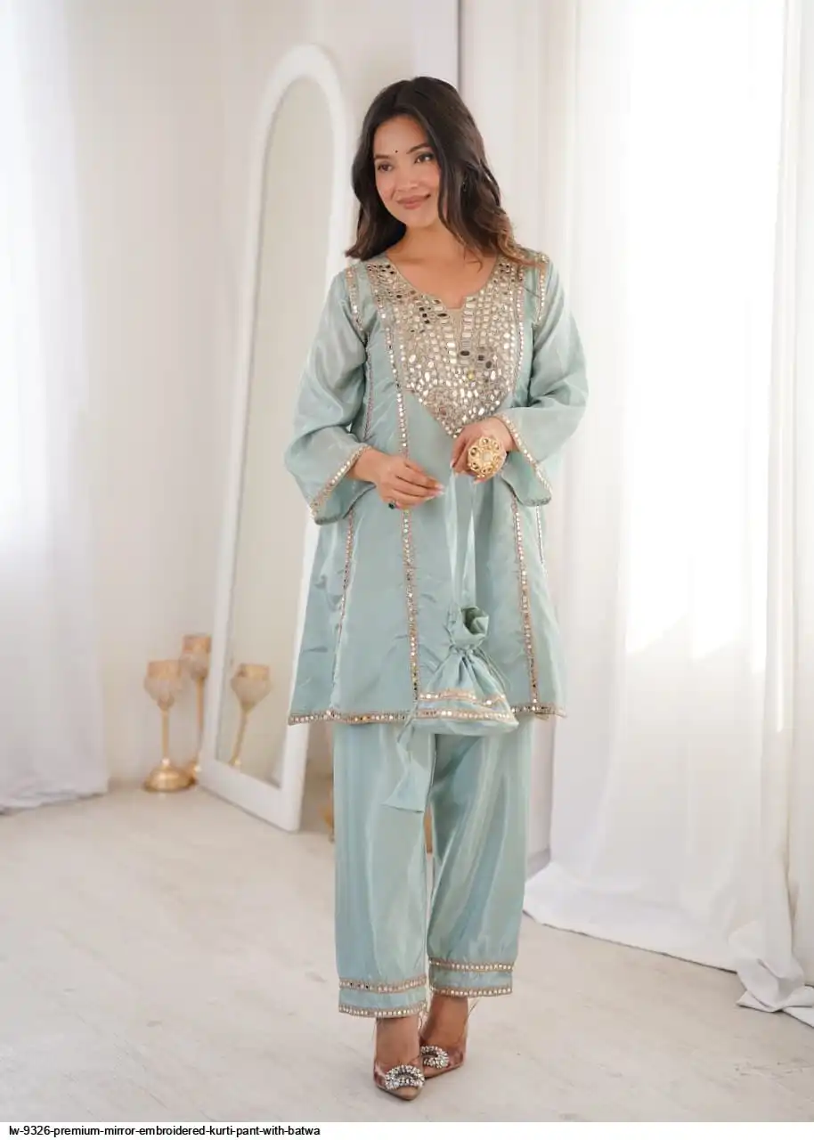 LW 9326 PREMIUM MIRROR EMBROIDERED KURTI PANT WITH BATWA A