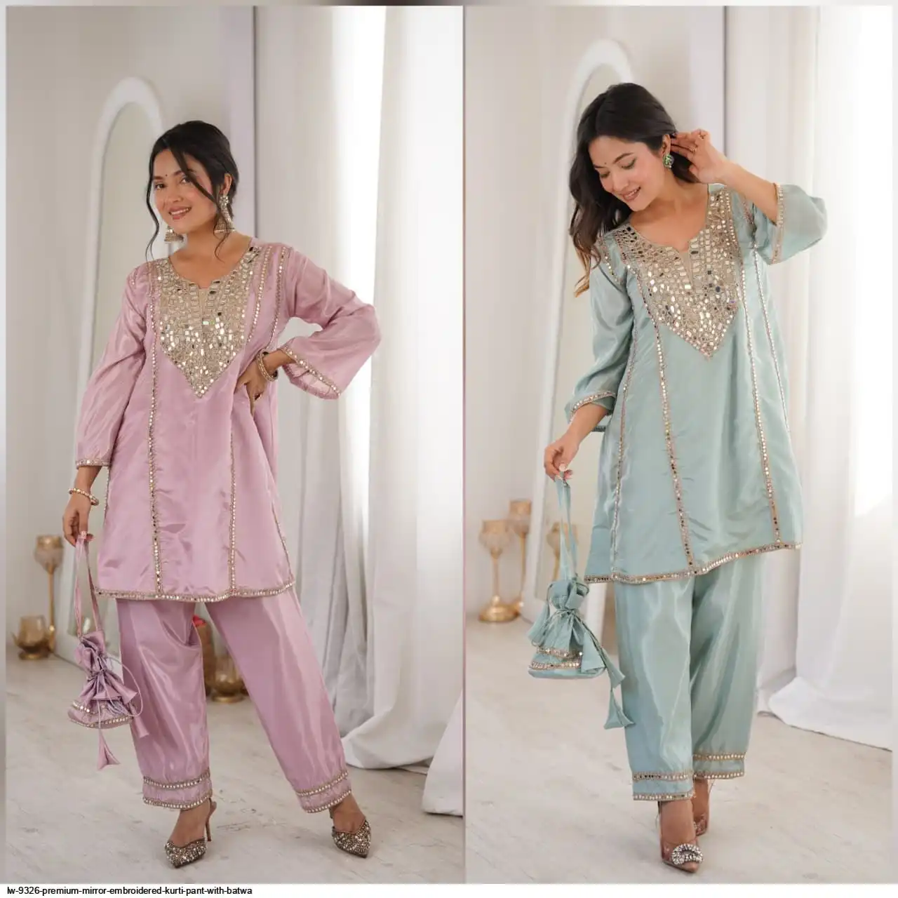 LW 9326 PREMIUM MIRROR EMBROIDERED KURTI PANT WITH BATWA