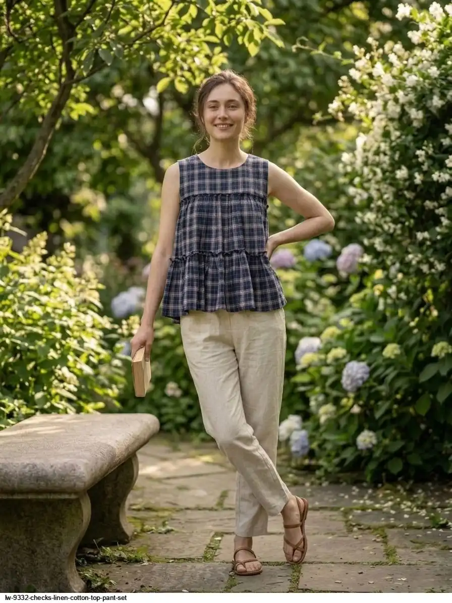 LW 9332 CHECKS LINEN COTTON TOP PANT SET A