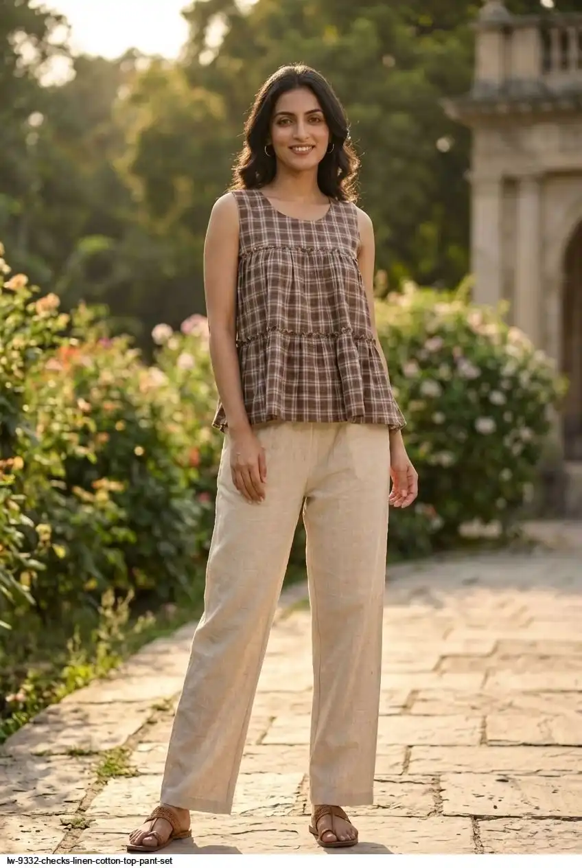 LW 9332 CHECKS LINEN COTTON TOP PANT SET B