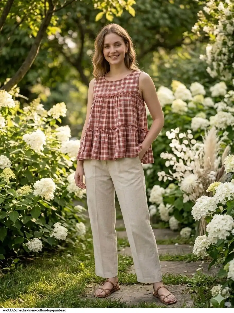 LW 9332 CHECKS LINEN COTTON TOP PANT SET C
