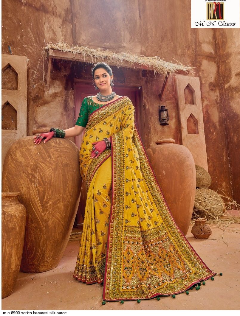 Green Banarasi Silk Pure Kachhi work, Diamond and Mirror heavy work Saree  with Blouse – Ooty Indian Fashion