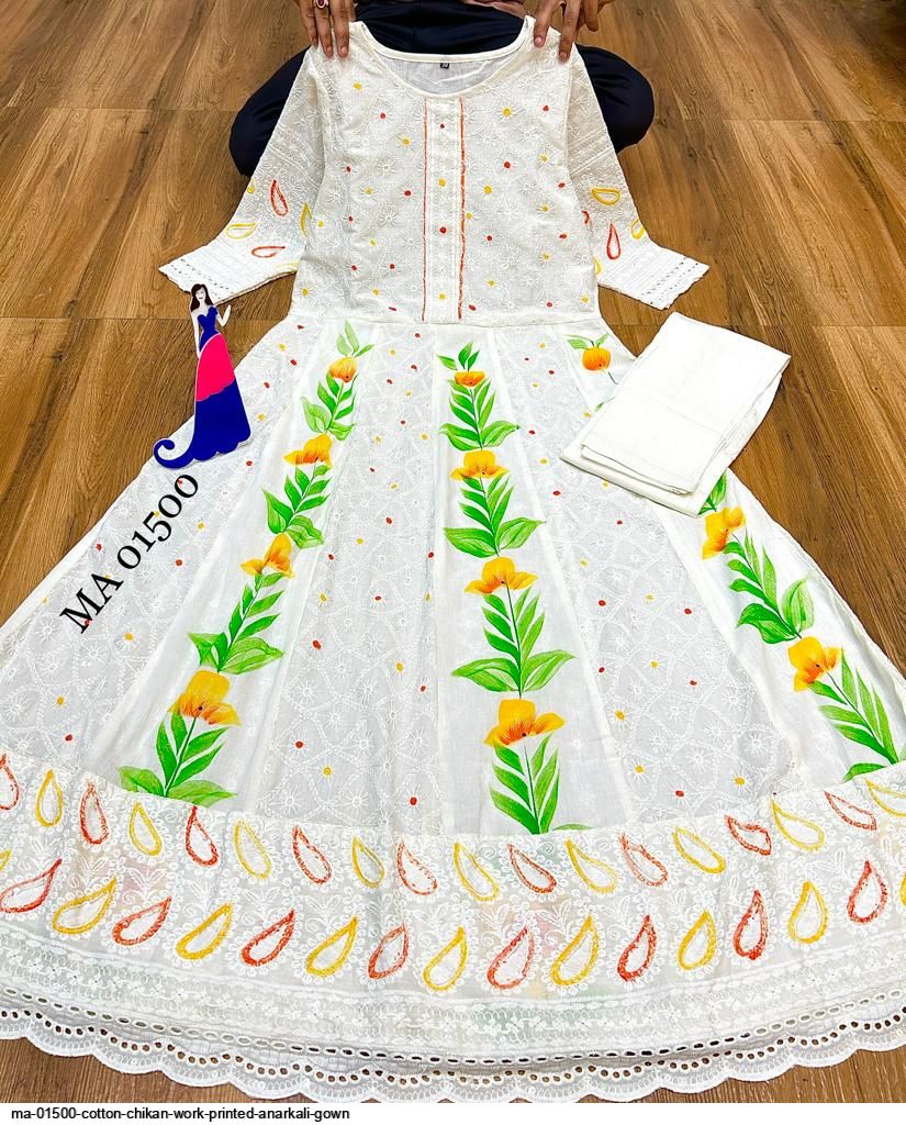 MA 01500 COTTON CHIKAN WORK PRINTED ANARKALI GOWN