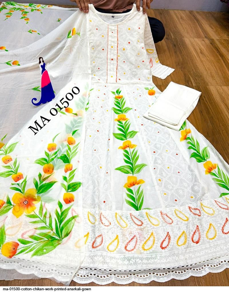 MA 01500 COTTON CHIKAN WORK PRINTED ANARKALI GOWN