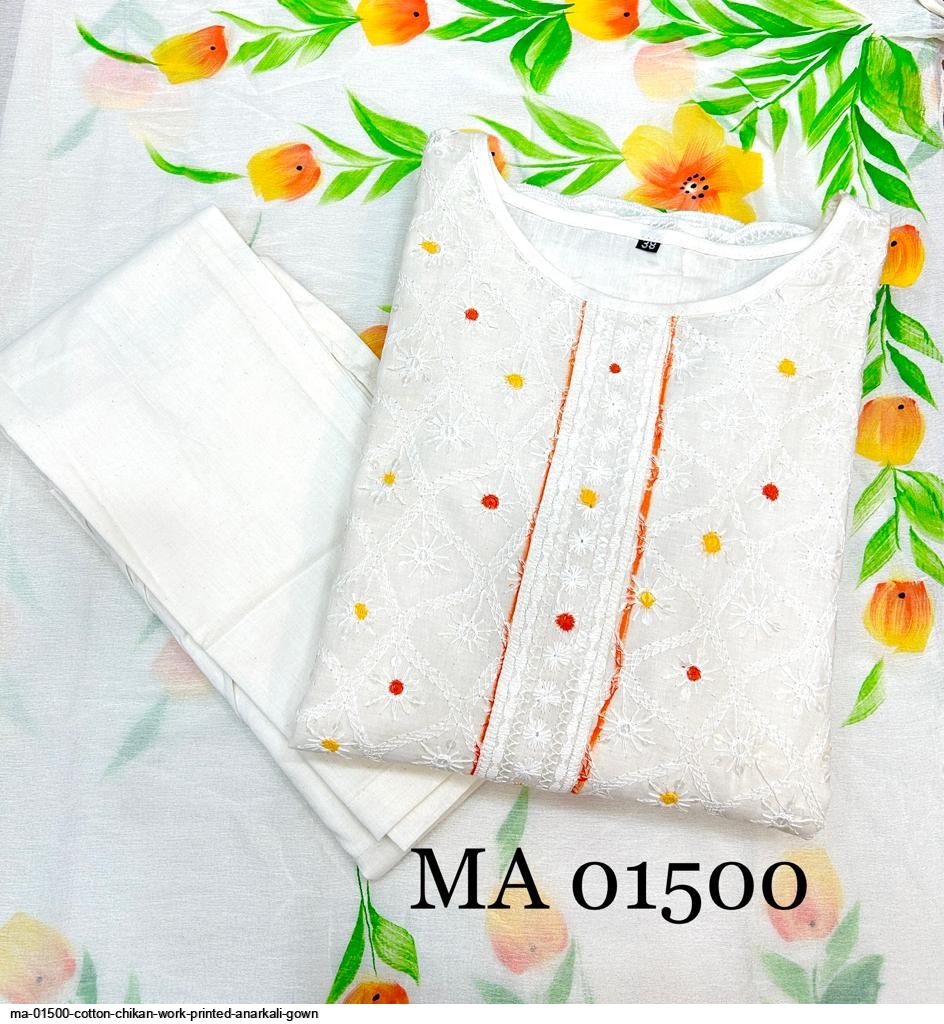 MA 01500 COTTON CHIKAN WORK PRINTED ANARKALI GOWN