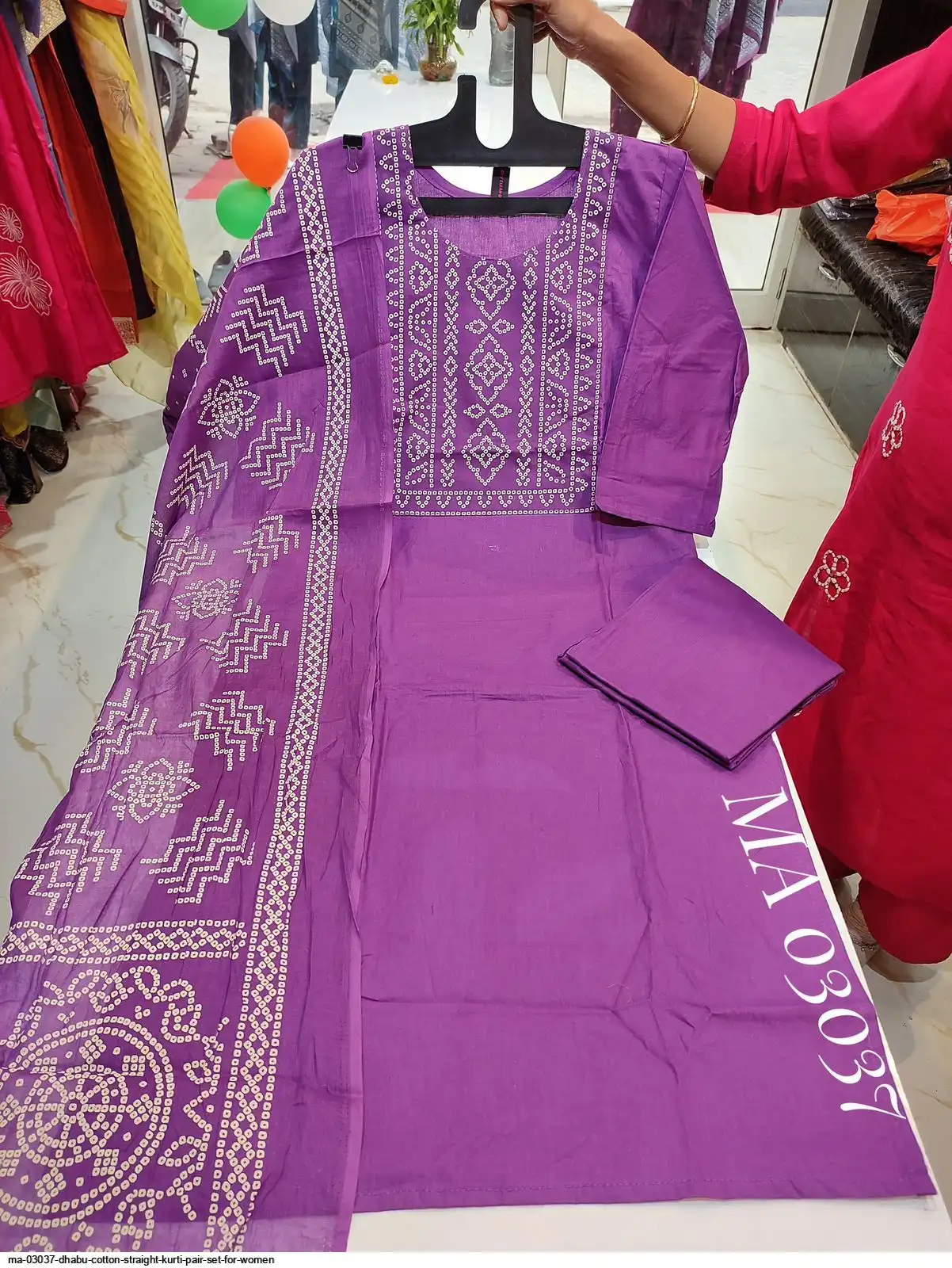MA 03037 DHABU COTTON STRAIGHT KURTI PAIR SET FOR WOMEN A
