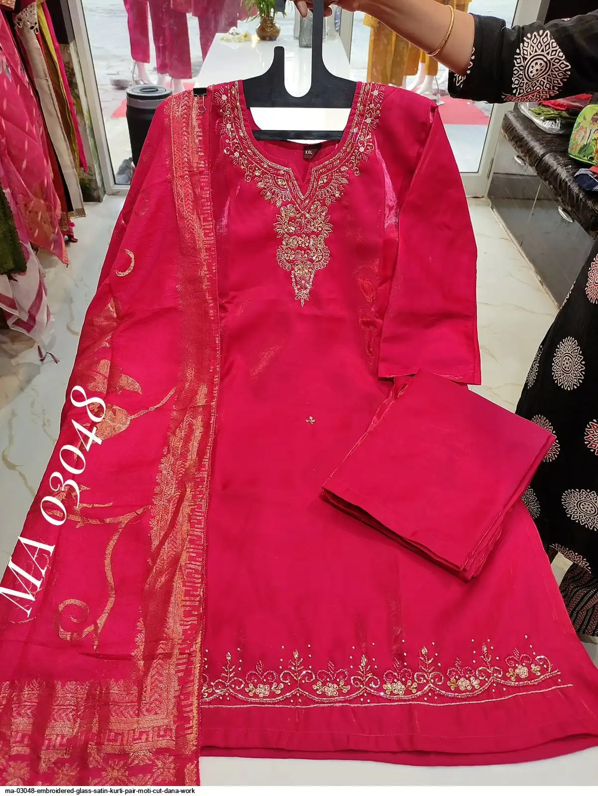 MA 03048 EMBROIDERED GLASS SATIN KURTI PAIR MOTI CUT DANA WORK B
