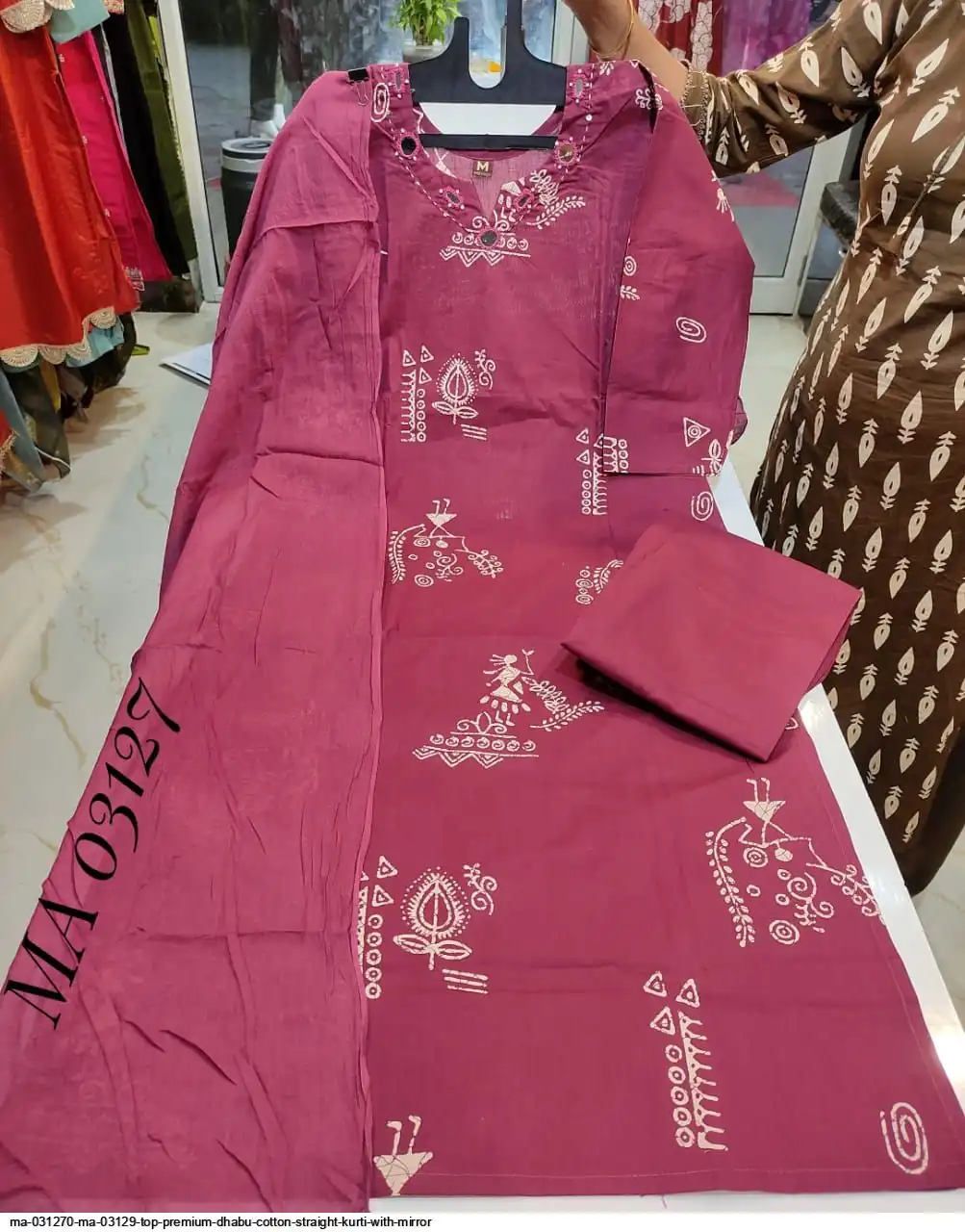 MA 031270 MA 03129 TOP PREMIUM DHABU COTTON STRAIGHT KURTI WITH MIRROR B