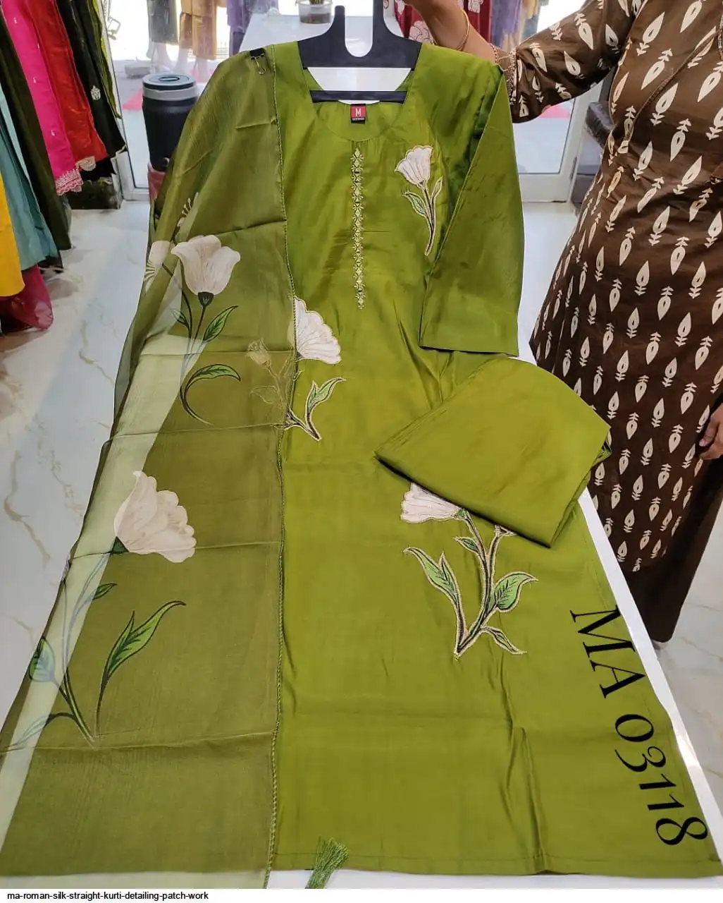 MA ROMAN SILK STRAIGHT KURTI DETAILING PATCH WORK B