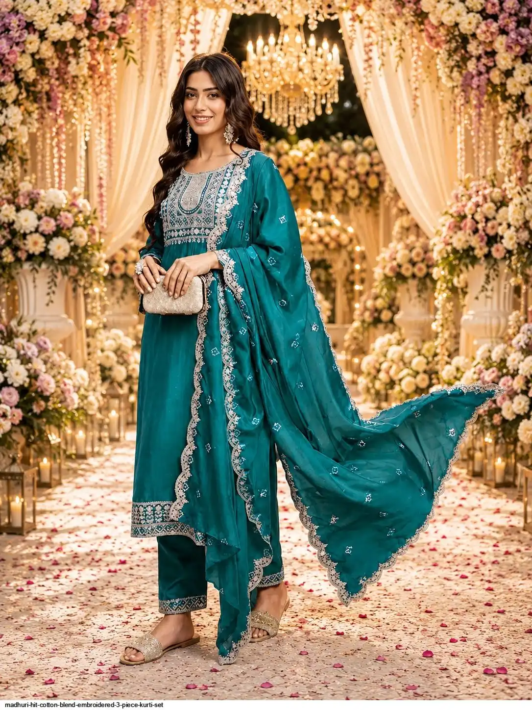 MADHURI HIT COTTON BLEND EMBROIDERED 3 PIECE KURTI SET B