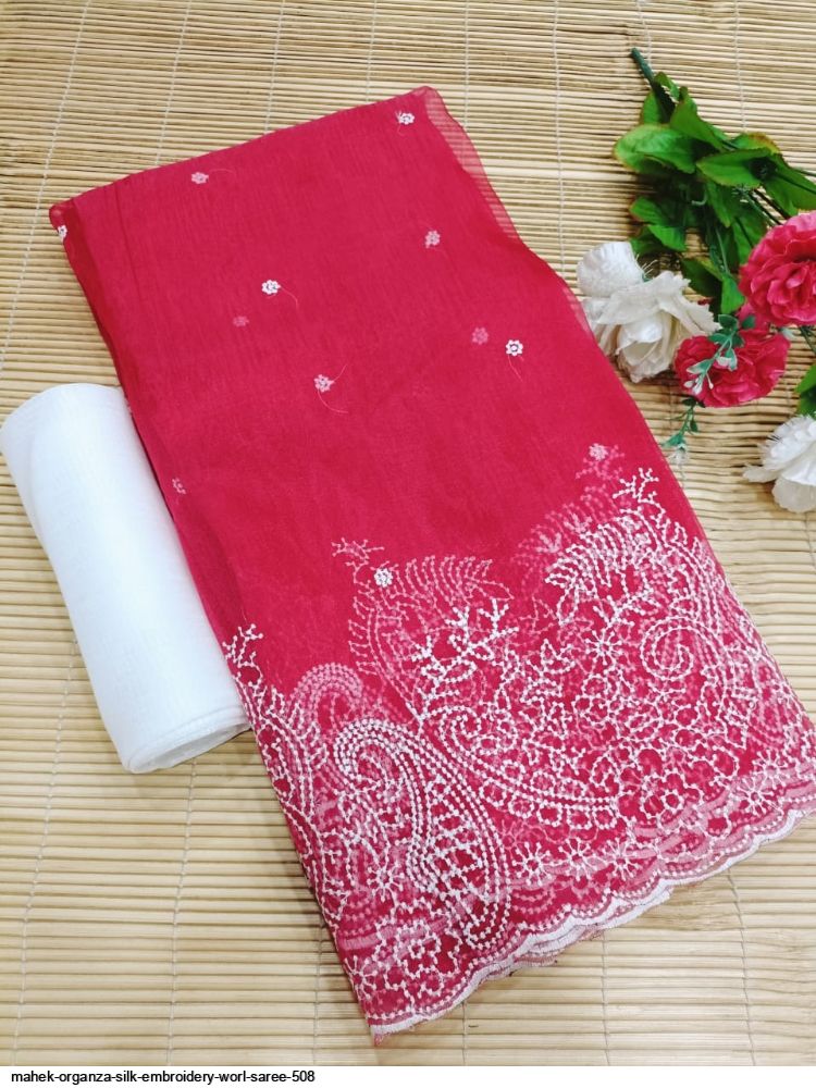 White Organza Silk Saree with embroidery work