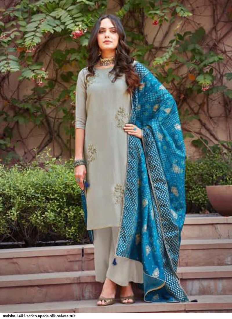 Grey Party Wear Designer Maslin Silk Cotton Straight Salwar Suit