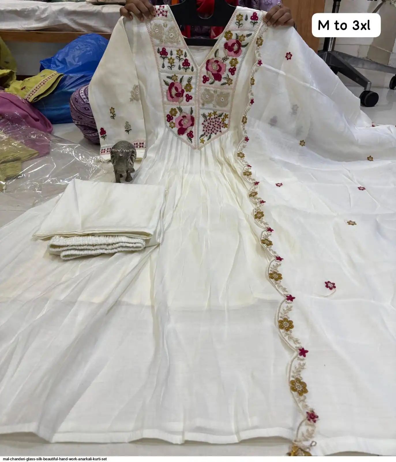 MAL CHANDERI GLASS SILK BEAUTIFUL HAND WORK ANARKALI KURTI SET 2