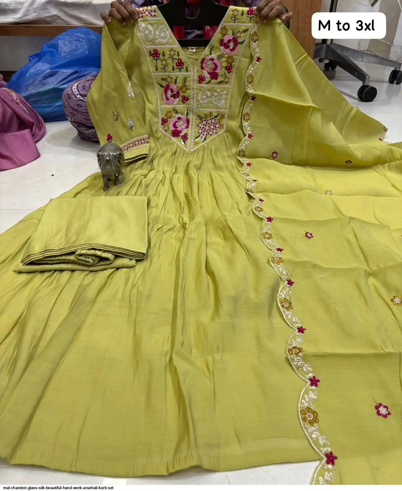 MAL CHANDERI GLASS SILK BEAUTIFUL HAND WORK ANARKALI KURTI SET 4