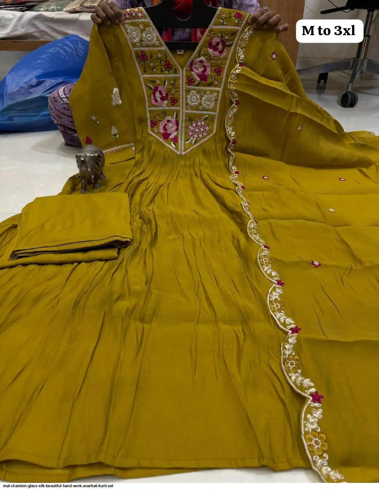 MAL CHANDERI GLASS SILK BEAUTIFUL HAND WORK ANARKALI KURTI SET 3