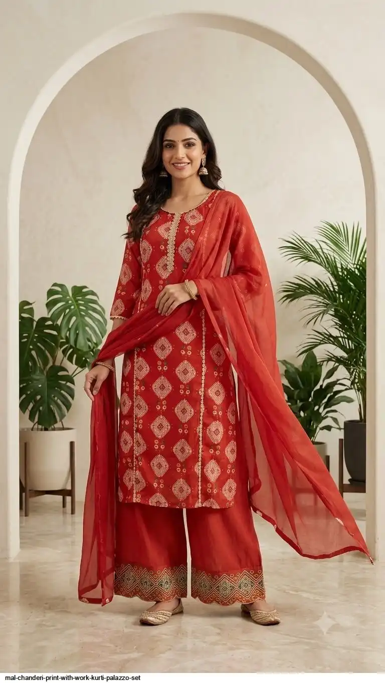 MAL CHANDERI PRINT WITH WORK KURTI PALAZZO SET A