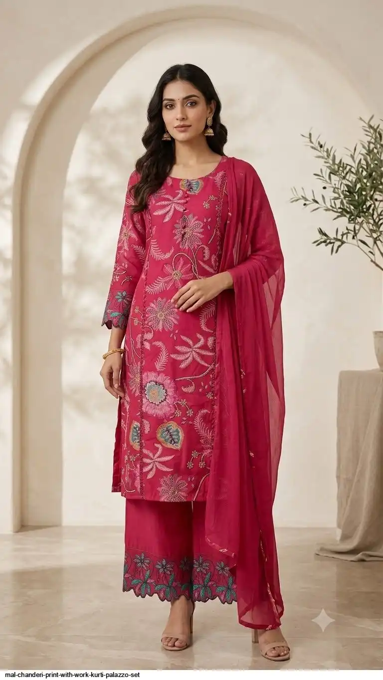 MAL CHANDERI PRINT WITH WORK KURTI PALAZZO SET C