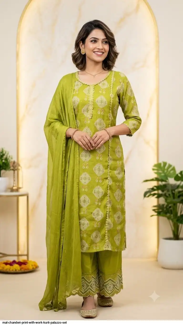 MAL CHANDERI PRINT WITH WORK KURTI PALAZZO SET B
