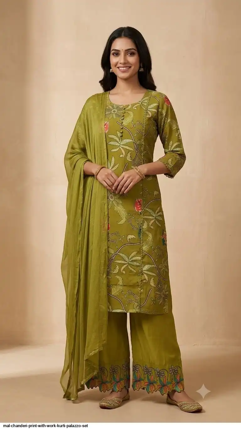 MAL CHANDERI PRINT WITH WORK KURTI PALAZZO SET D