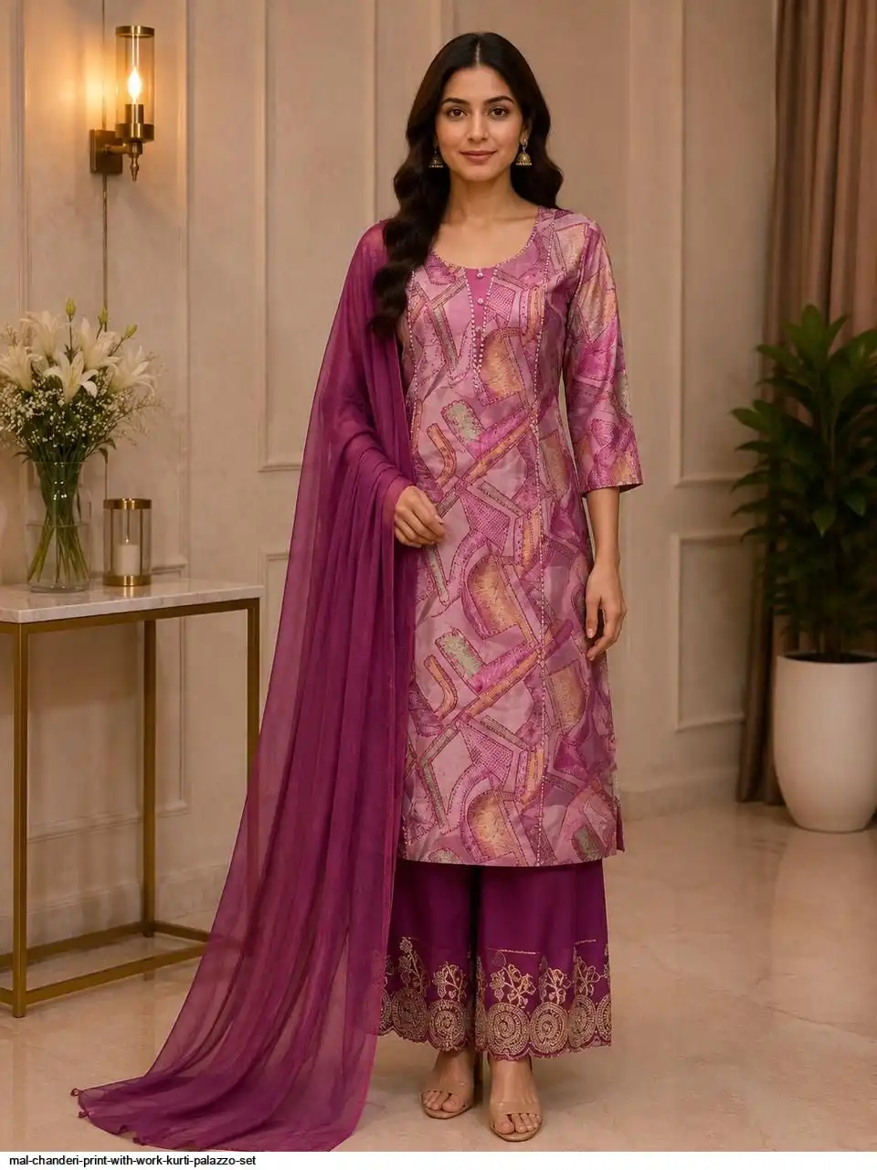 MAL CHANDERI PRINT WITH WORK KURTI PALAZZO SET E