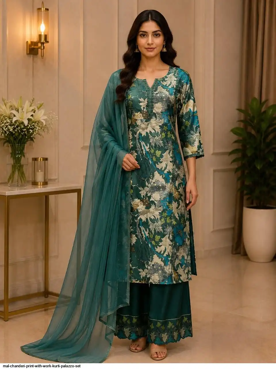 MAL CHANDERI PRINT WITH WORK KURTI PALAZZO SET G