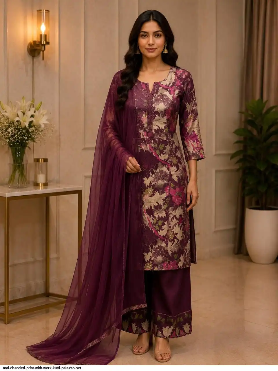 MAL CHANDERI PRINT WITH WORK KURTI PALAZZO SET F