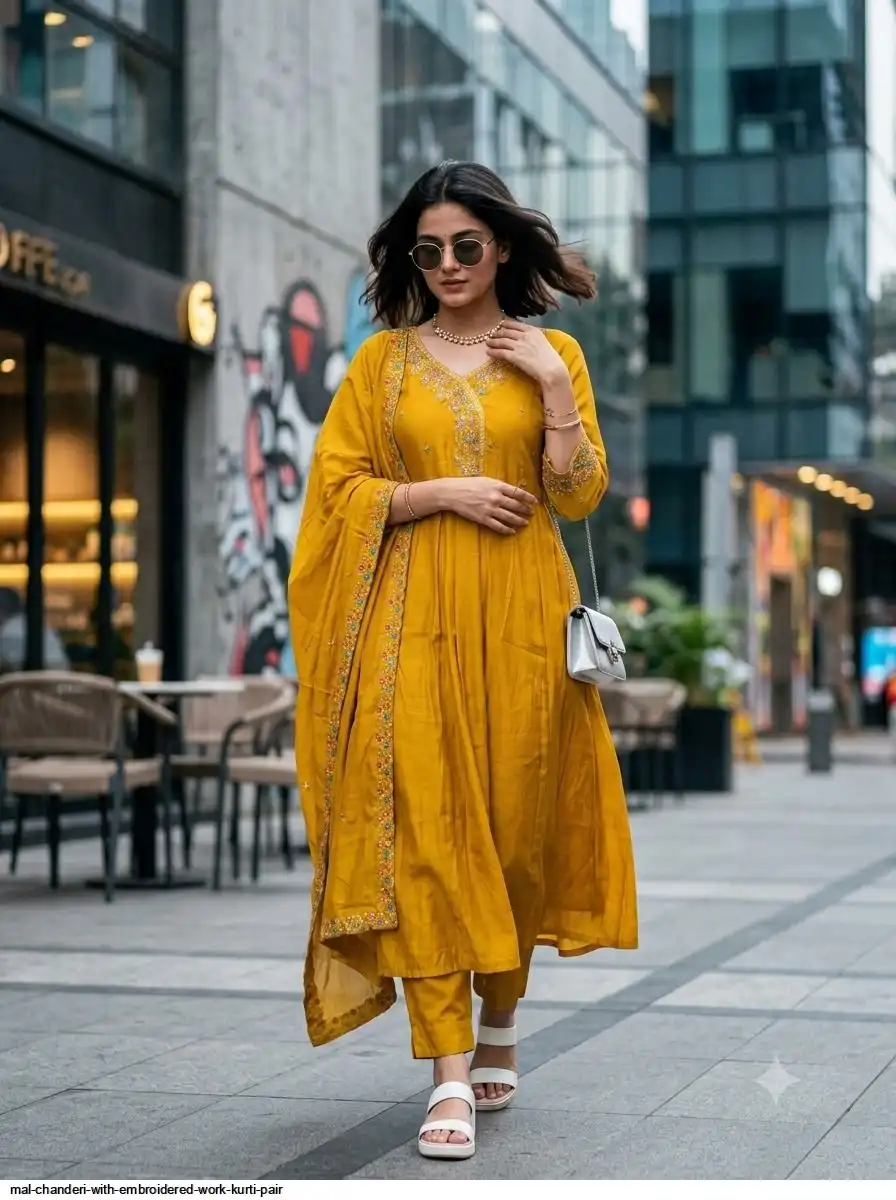 MAL CHANDERI WITH EMBROIDERED WORK KURTI PAIR C