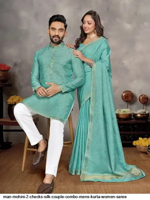 MAN MOHINI 2 CHECKS SILK COUPLE COMBO MENS KURTA WOMEN SAREE C