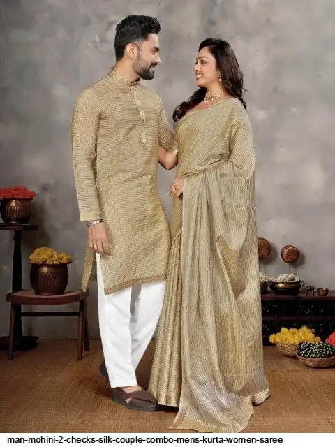 MAN MOHINI 2 CHECKS SILK COUPLE COMBO MENS KURTA WOMEN SAREE B