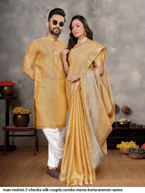 MAN MOHINI 2 CHECKS SILK COUPLE COMBO MENS KURTA WOMEN SAREE G