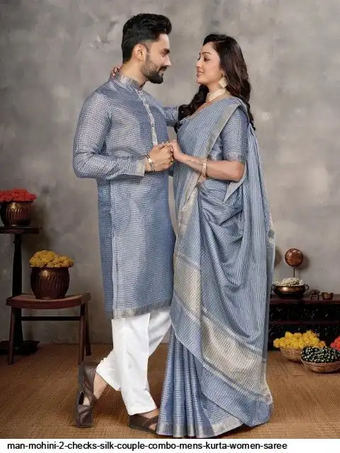 MAN MOHINI 2 CHECKS SILK COUPLE COMBO MENS KURTA WOMEN SAREE D