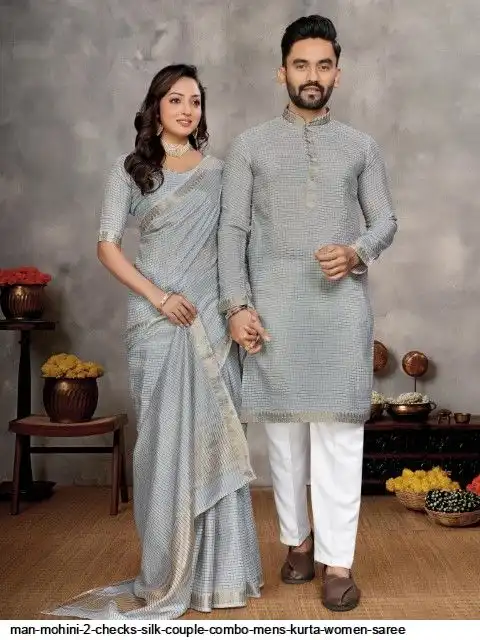 MAN MOHINI 2 CHECKS SILK COUPLE COMBO MENS KURTA WOMEN SAREE A