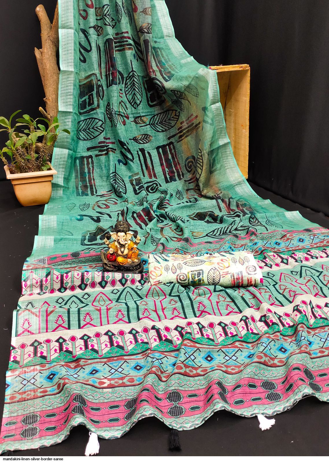 MANDAKINI LINEN SILVER BORDER SAREE