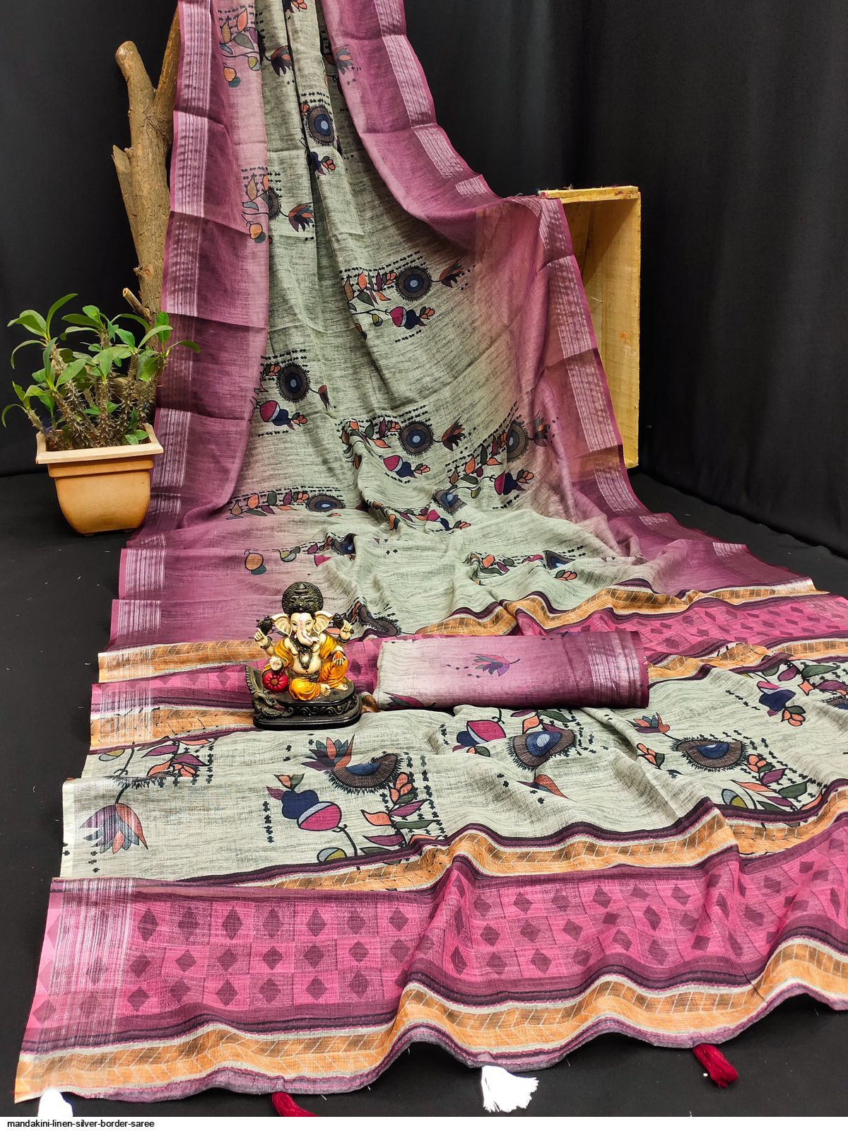 MANDAKINI LINEN SILVER BORDER SAREE