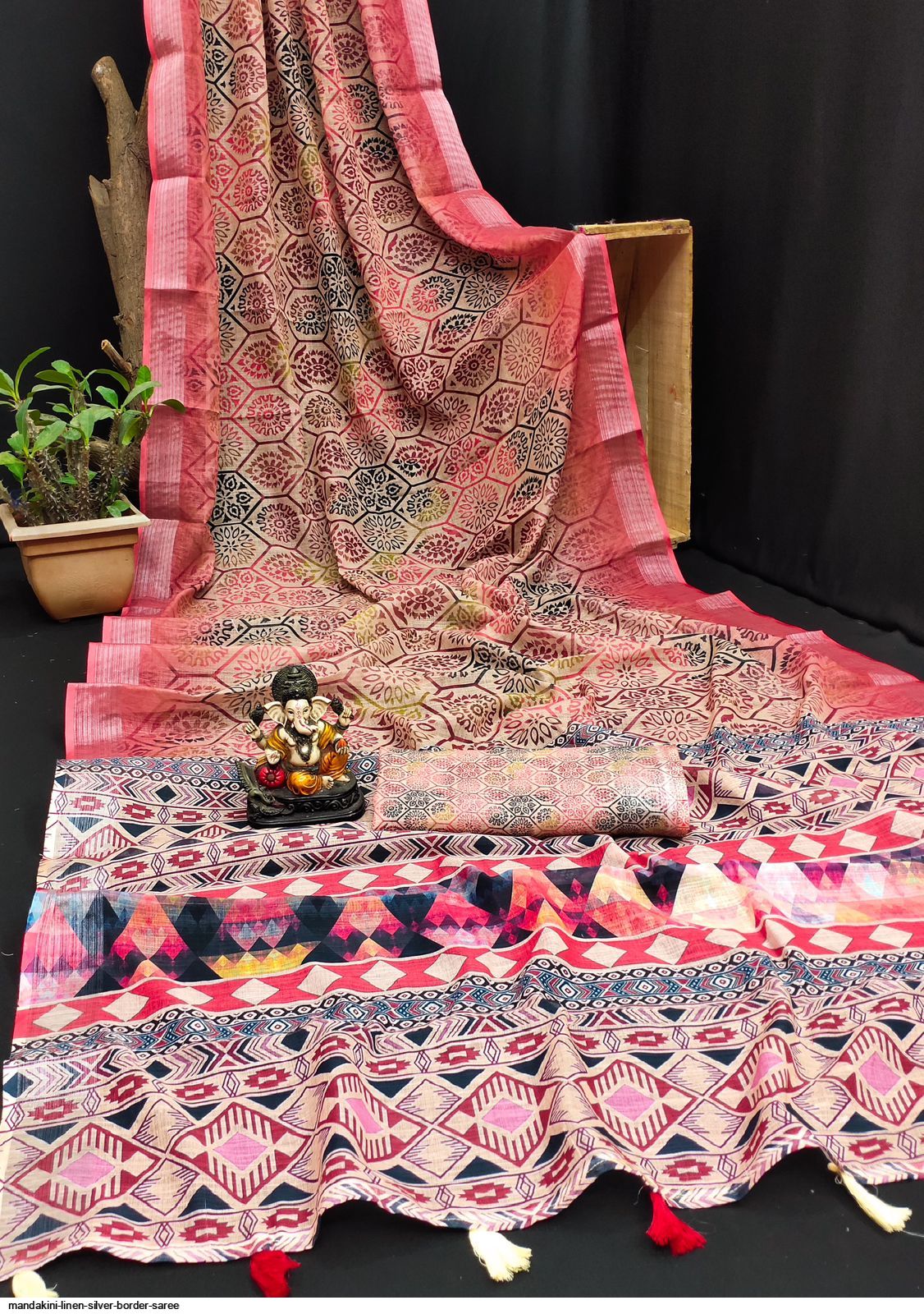 MANDAKINI LINEN SILVER BORDER SAREE