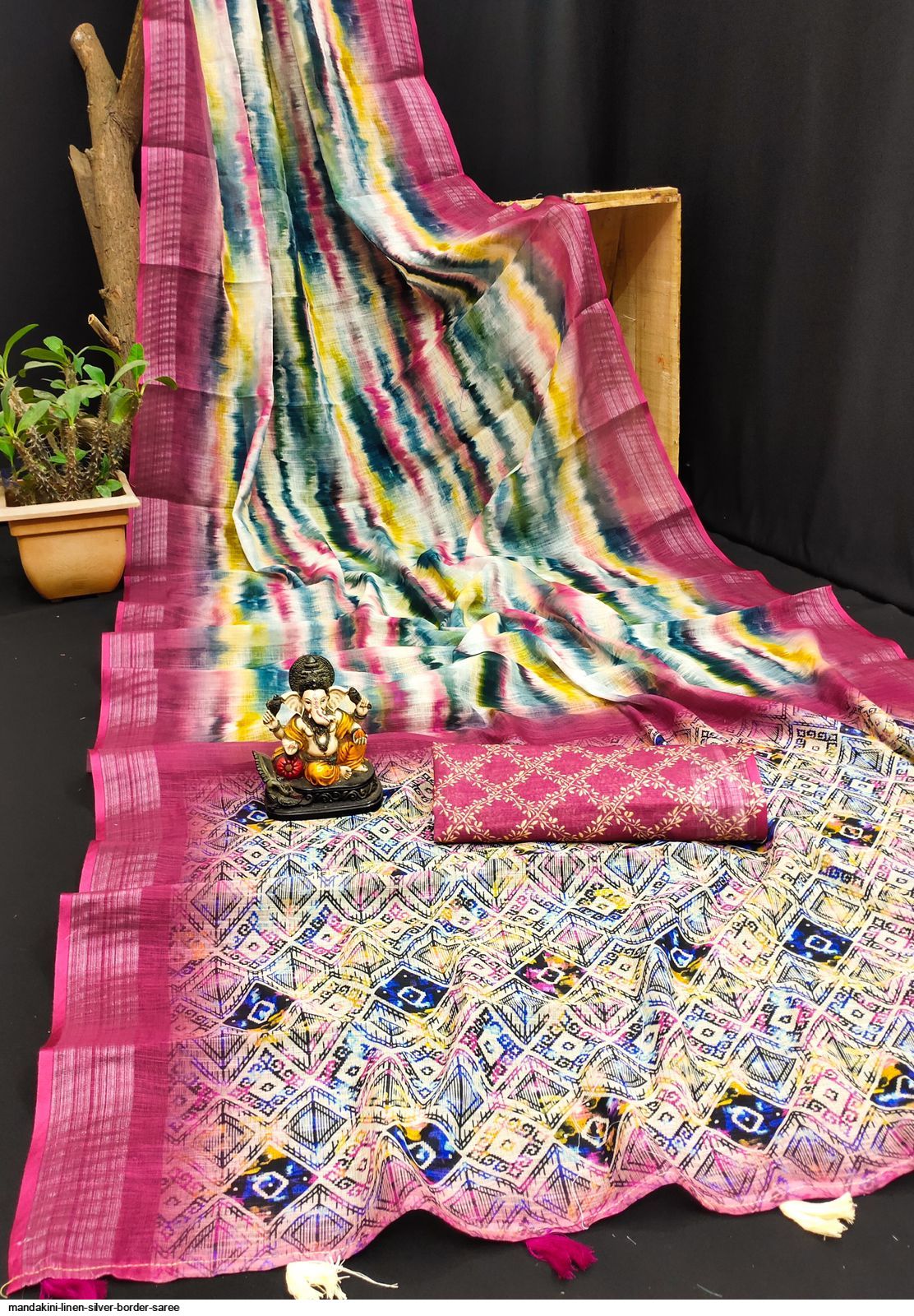 MANDAKINI LINEN SILVER BORDER SAREE