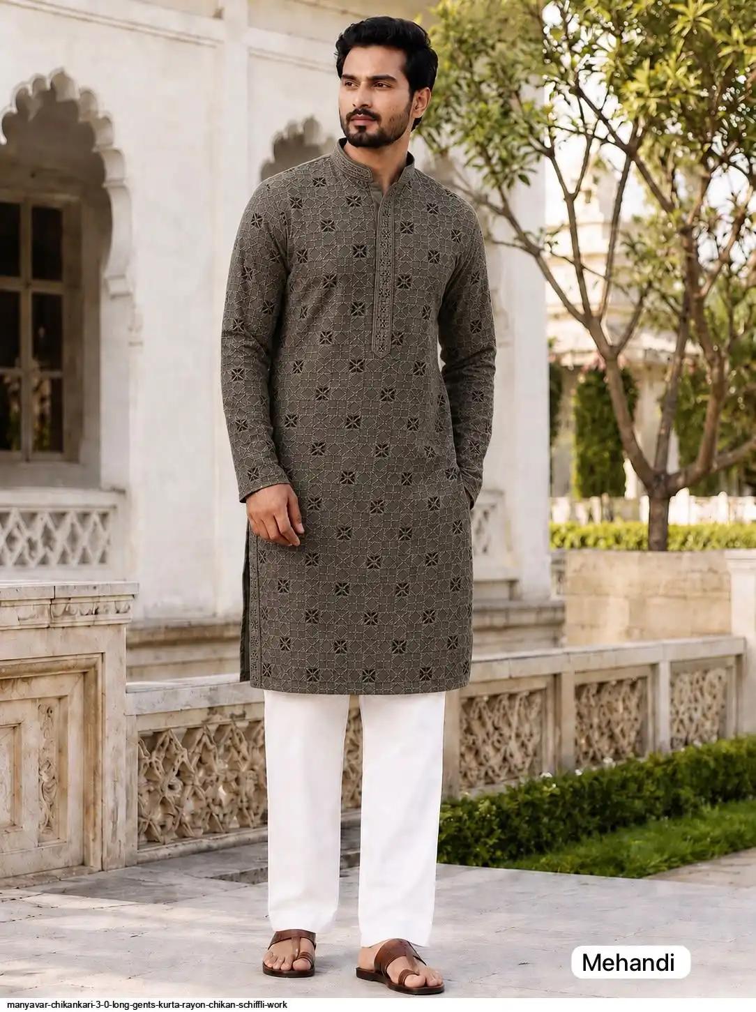 MANYAVAR CHIKANKARI 3 0 LONG GENTS KURTA RAYON SCHIFFLI WORK A