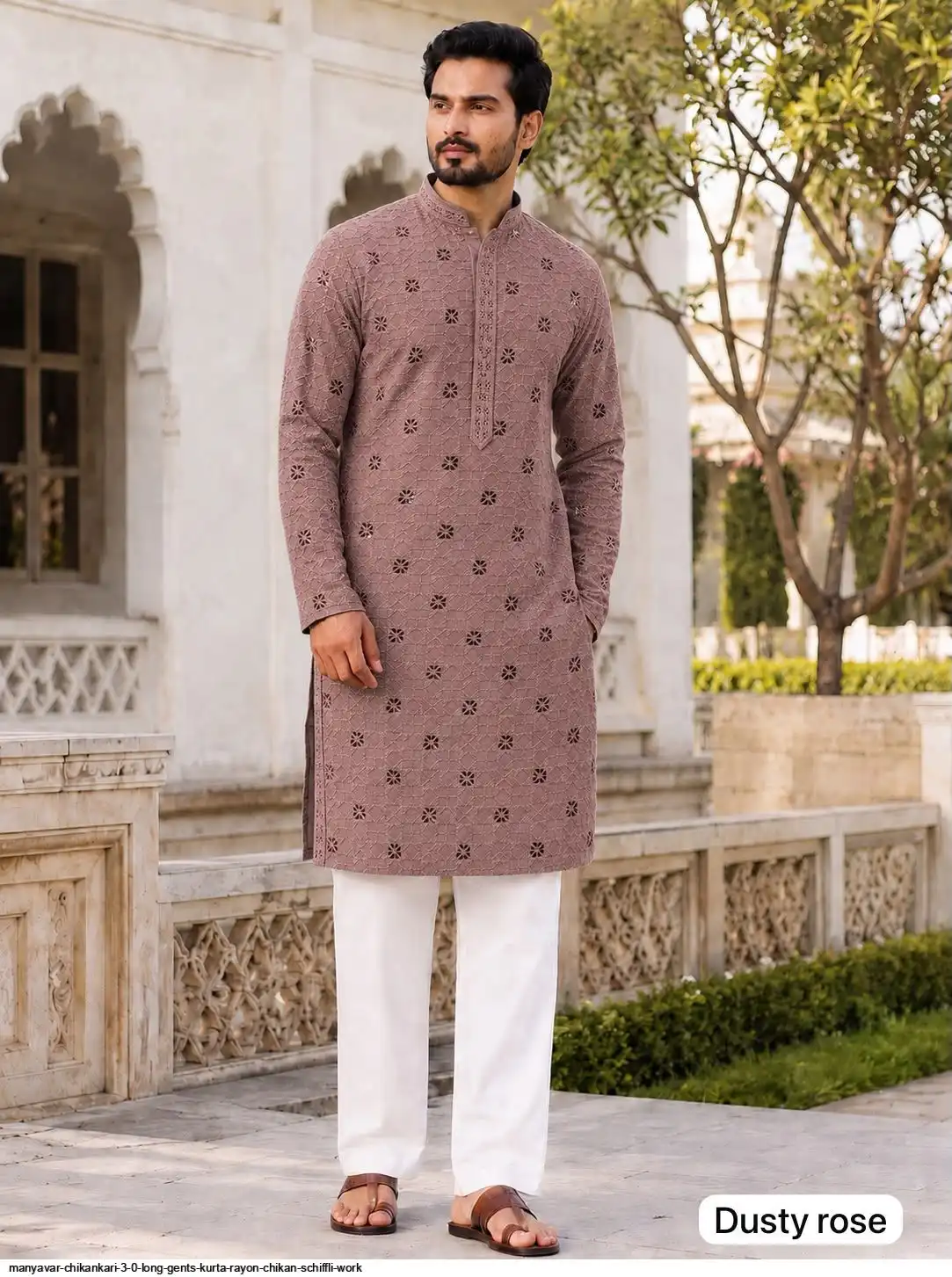 MANYAVAR CHIKANKARI 3 0 LONG GENTS KURTA RAYON SCHIFFLI WORK B