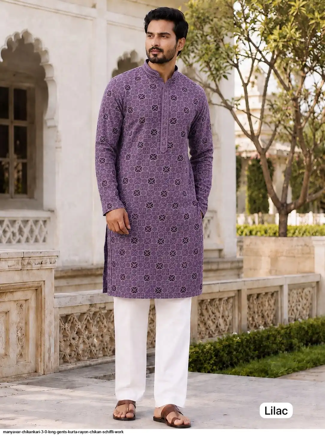 MANYAVAR CHIKANKARI 3 0 LONG GENTS KURTA RAYON SCHIFFLI WORK C