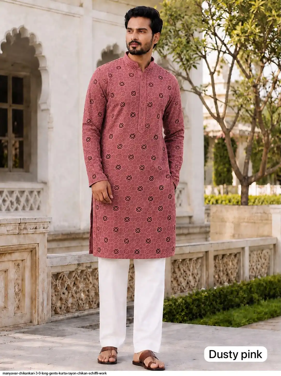 MANYAVAR CHIKANKARI 3 0 LONG GENTS KURTA RAYON SCHIFFLI WORK D