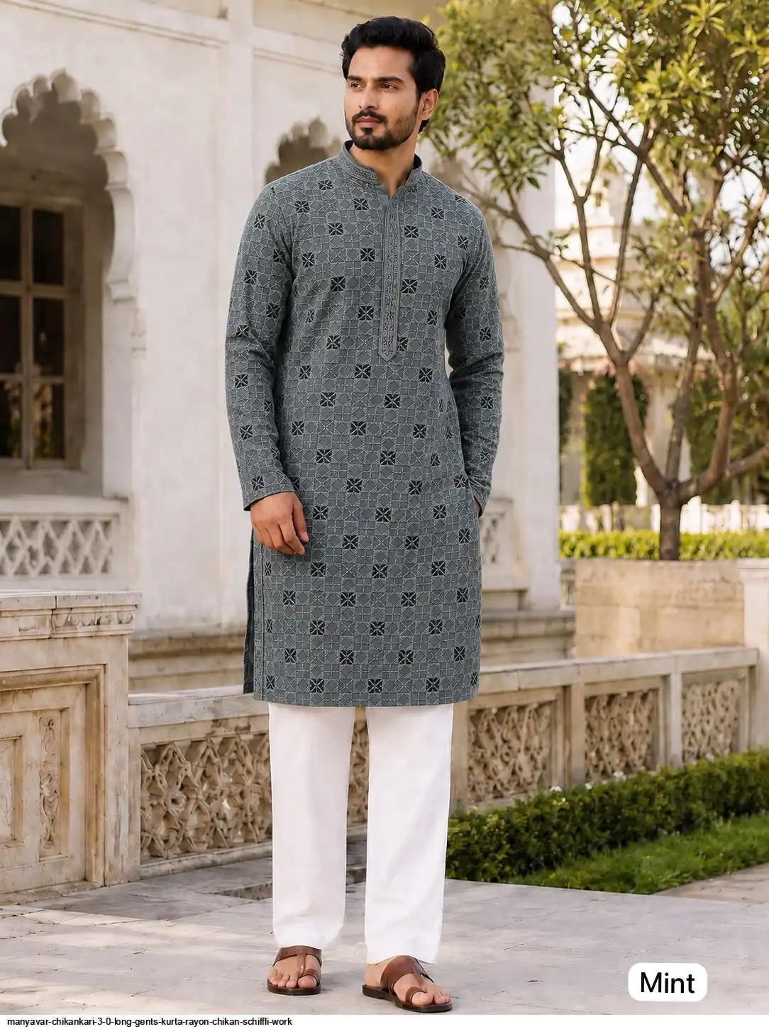 MANYAVAR CHIKANKARI 3 0 LONG GENTS KURTA RAYON SCHIFFLI WORK E