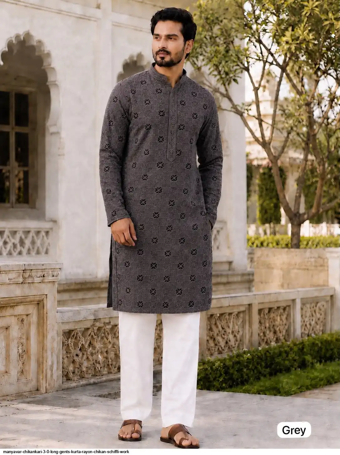 MANYAVAR CHIKANKARI 3 0 LONG GENTS KURTA RAYON SCHIFFLI WORK F