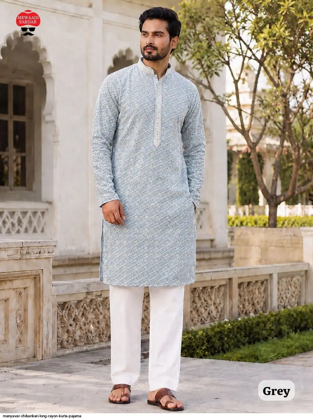 MANYAVAR CHIKANKARI LONG RAYON KURTA PAJAMA B
