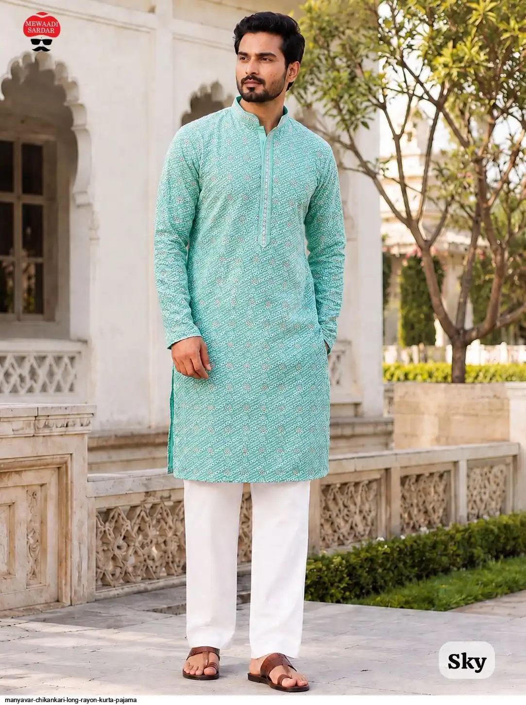 MANYAVAR CHIKANKARI LONG RAYON KURTA PAJAMA A