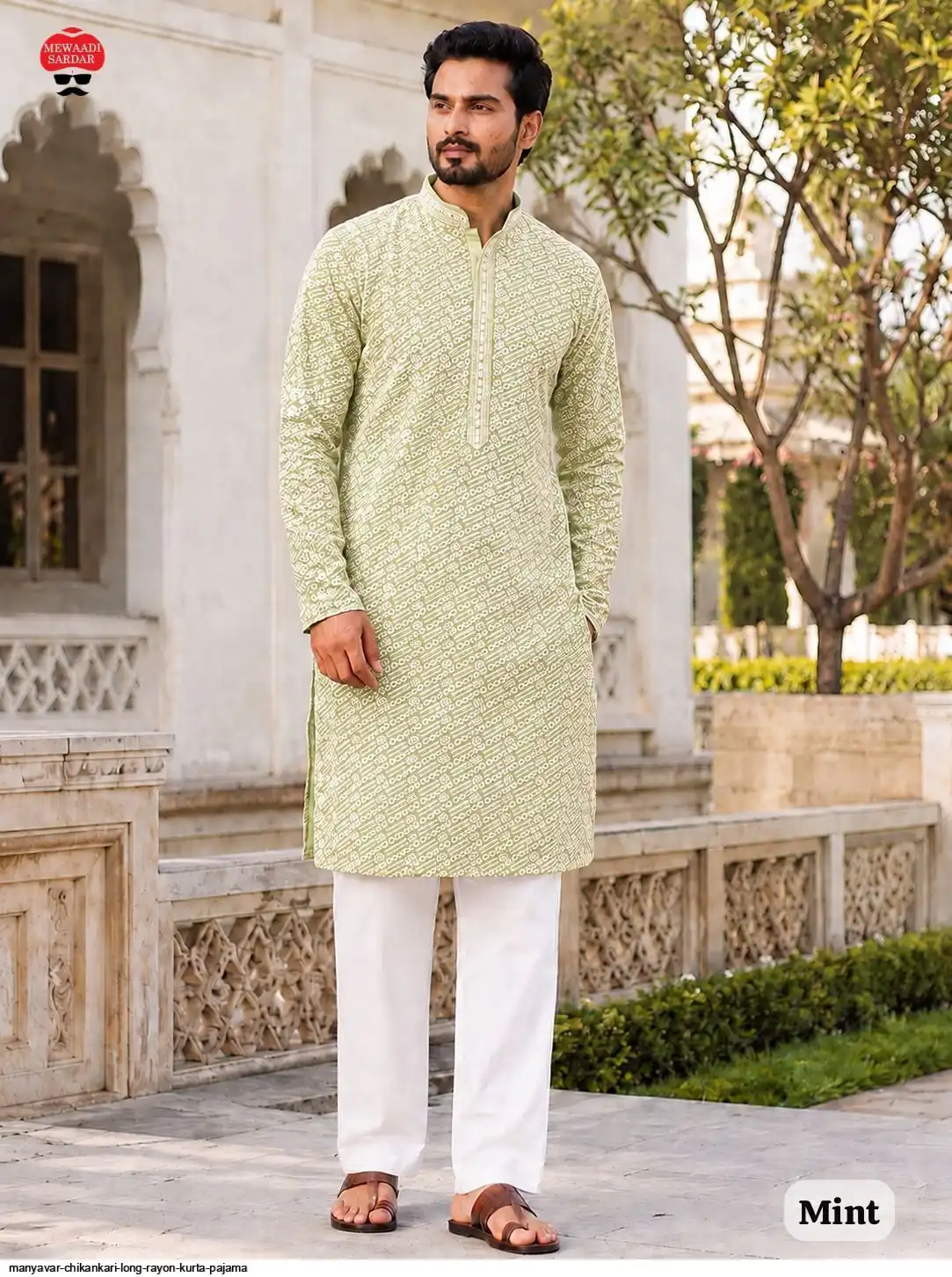 MANYAVAR CHIKANKARI LONG RAYON KURTA PAJAMA D