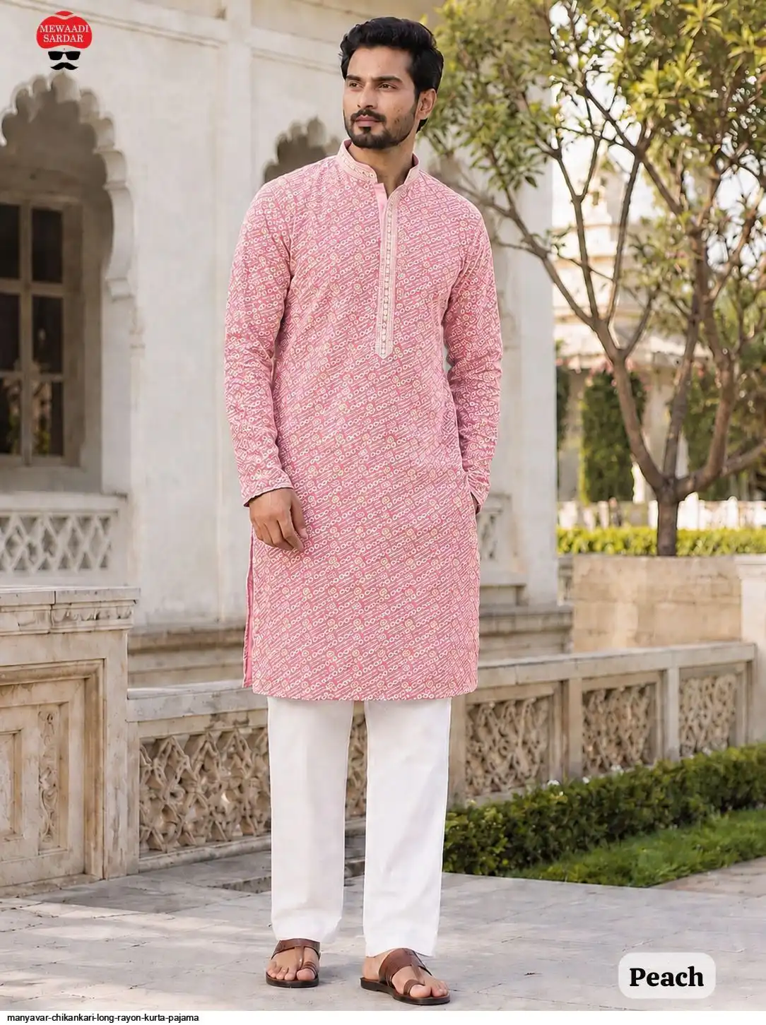 MANYAVAR CHIKANKARI LONG RAYON KURTA PAJAMA C