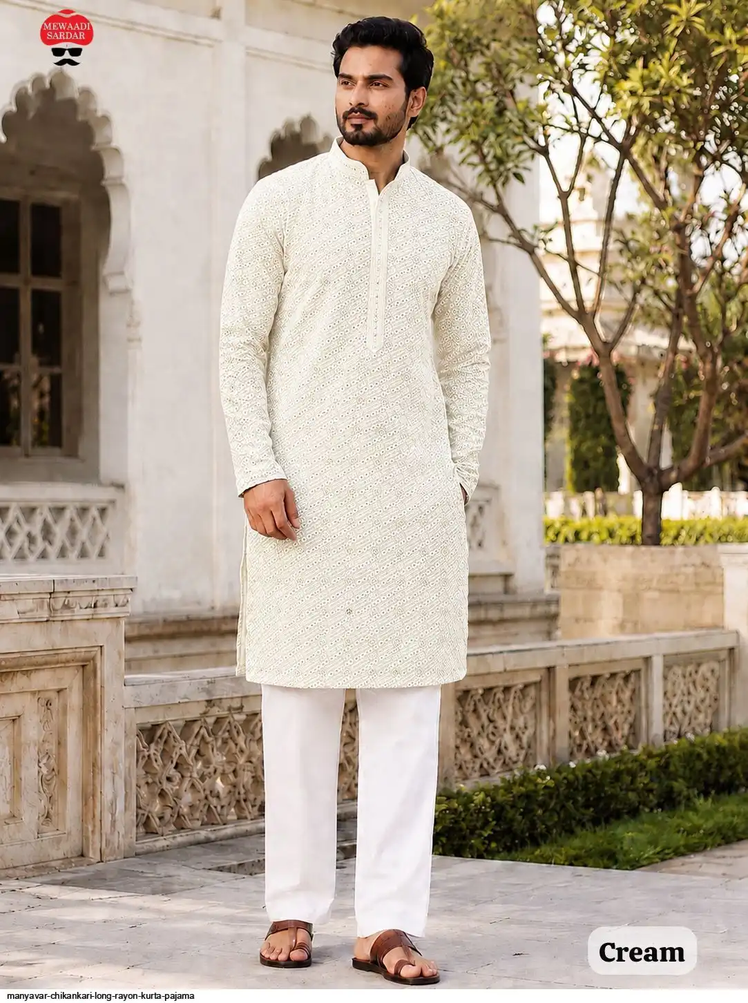 MANYAVAR CHIKANKARI LONG RAYON KURTA PAJAMA E
